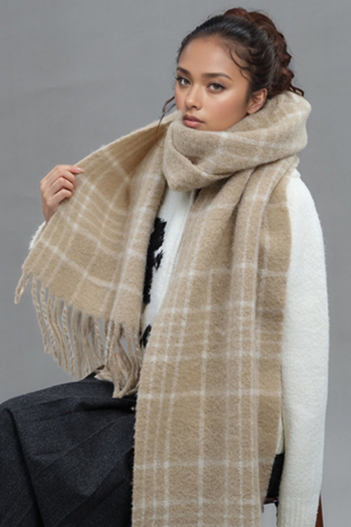 Fringe Plaid Thermal Scarf-SCARVES-[Adult]-[Female]-Tan-One Size-2022 Online Blue Zone Planet