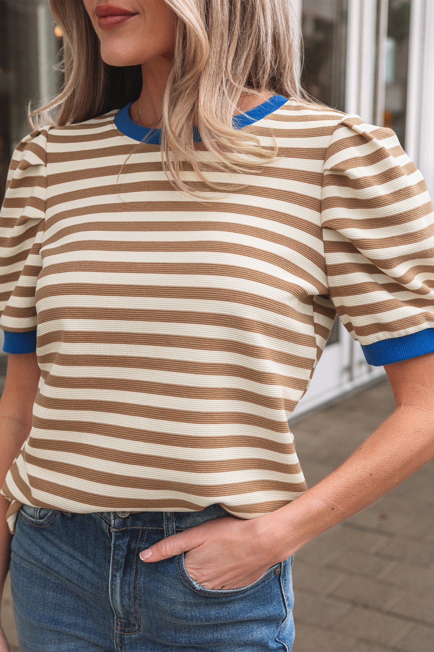 Brown Stripe Short Puff Sleeve Contrast Trim Round Neck Tee-Tops/Tops & Tees-[Adult]-[Female]-2022 Online Blue Zone Planet
