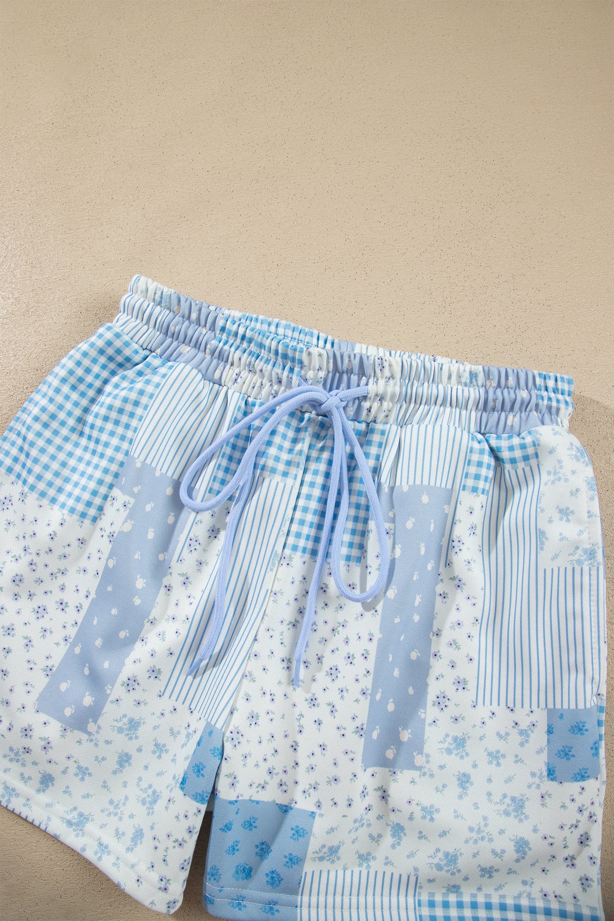 Sky Blue Patchwork Floral Print Drop Shoulder Baggy Pullover Drawstring Shorts Set-Two Piece Sets/Short Sets-[Adult]-[Female]-2022 Online Blue Zone Planet