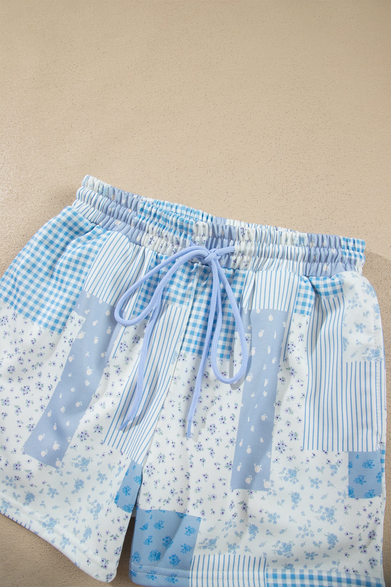 Sky Blue Patchwork Floral Print Drop Shoulder Baggy Pullover Drawstring Shorts Set-Two Piece Sets/Short Sets-[Adult]-[Female]-2022 Online Blue Zone Planet