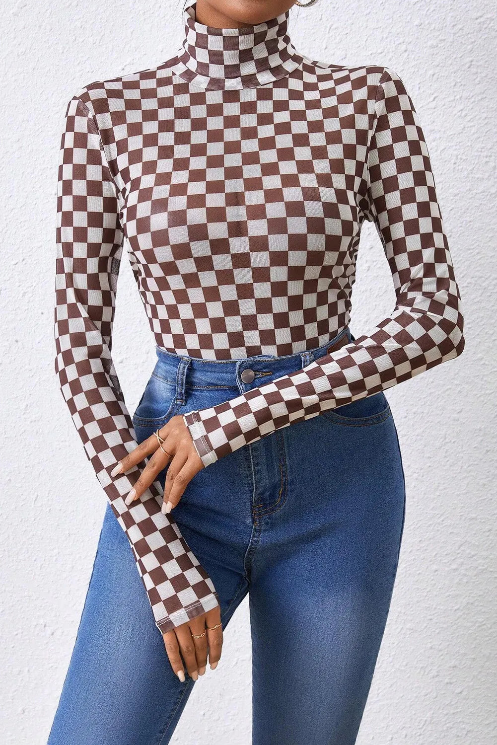 Checkered Turtleneck Long Sleeve Bodysuit-TOPS / DRESSES-[Adult]-[Female]-Dark Brown-S-2022 Online Blue Zone Planet