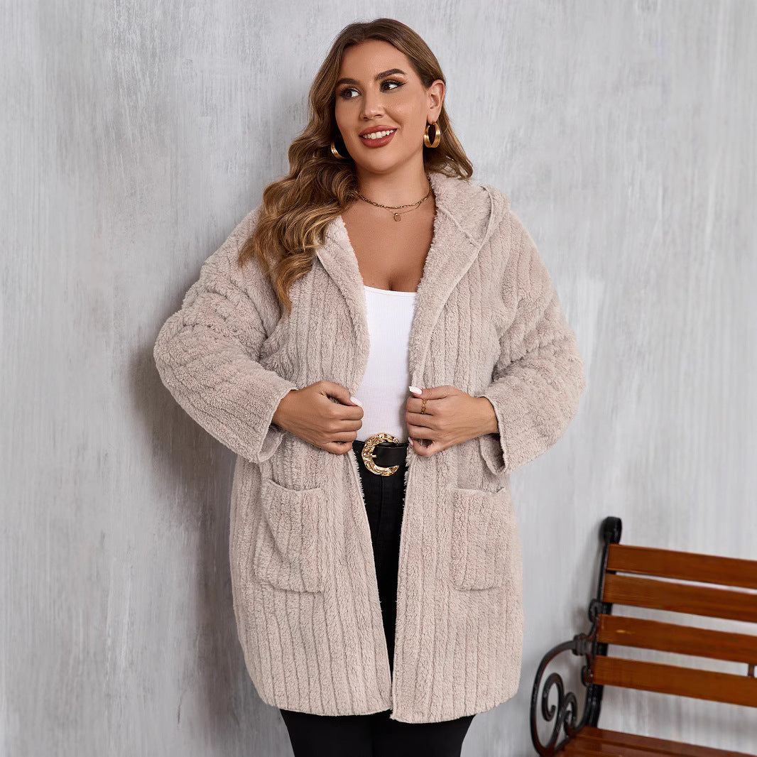 Plus Size Open Front Long Sleeve Hooded Fuzzy Jacket-TOPS / DRESSES-[Adult]-[Female]-2022 Online Blue Zone Planet