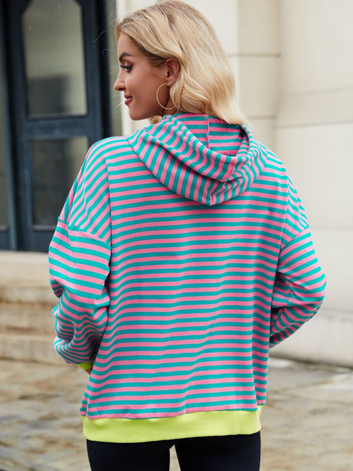 Drawstring Contrast Striped Long Sleeve Hoodie-TOPS / DRESSES-[Adult]-[Female]-2022 Online Blue Zone Planet