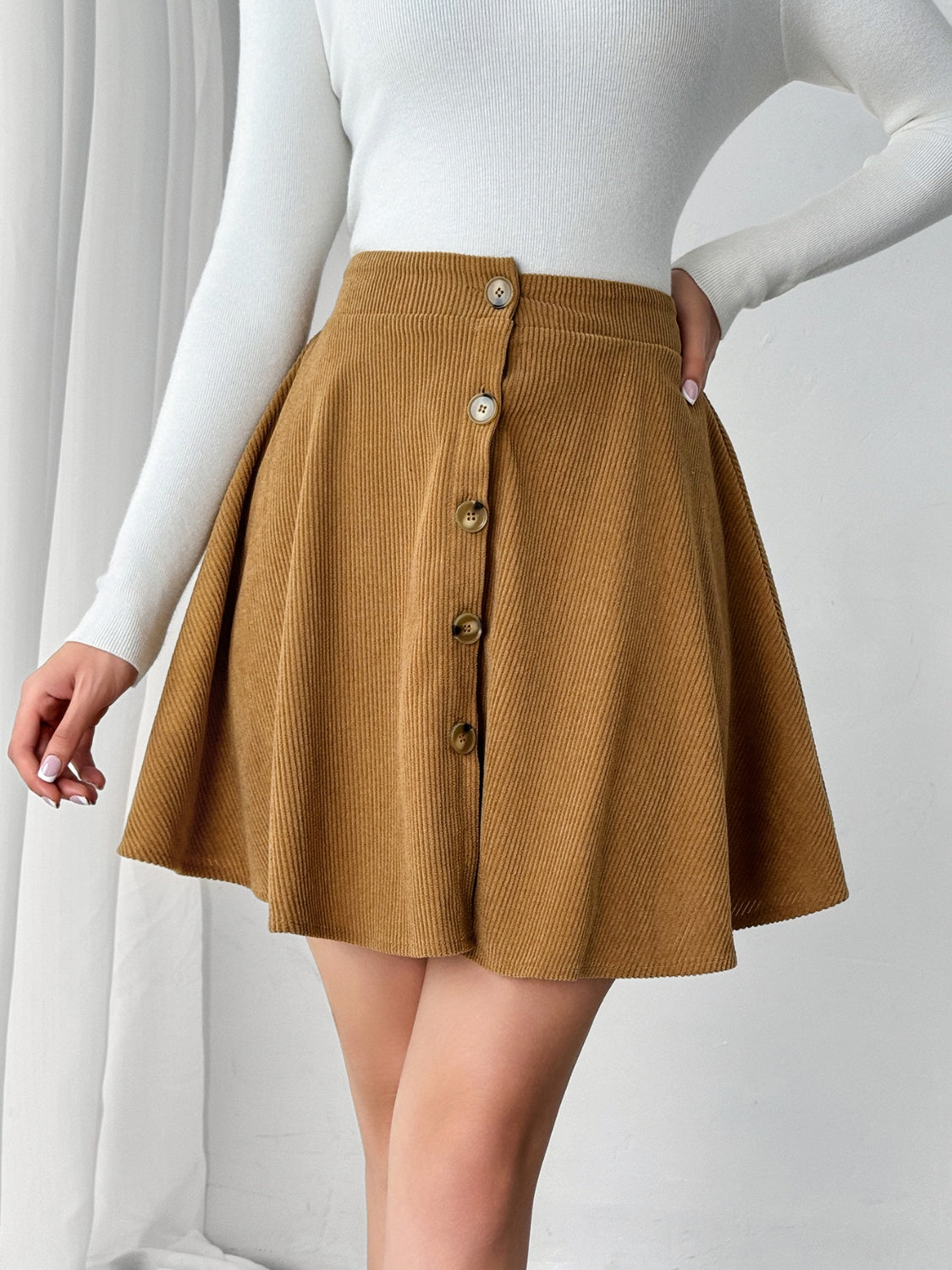 Buttoned Mini Skirt-BOTTOMS SIZES SMALL MEDIUM LARGE-[Adult]-[Female]-Caramel-S-2022 Online Blue Zone Planet