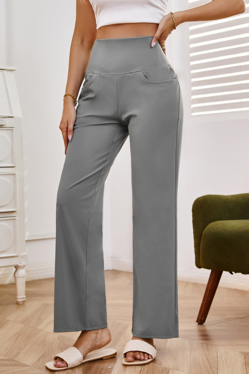 Blue Zone Planet | High Waist Wide Leg Pants with Pockets-TOPS / DRESSES-[Adult]-[Female]-2022 Online Blue Zone Planet