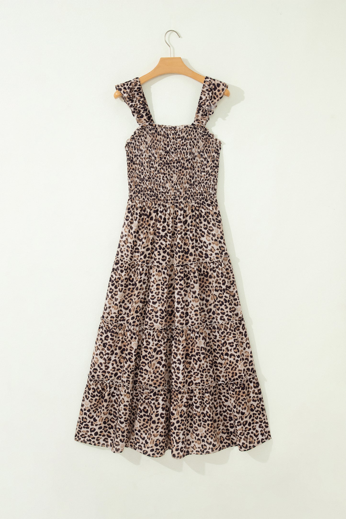 Brown Ruffled Straps Smocked Tiered Leopard Maxi Dress-TOPS / DRESSES-[Adult]-[Female]-2022 Online Blue Zone Planet