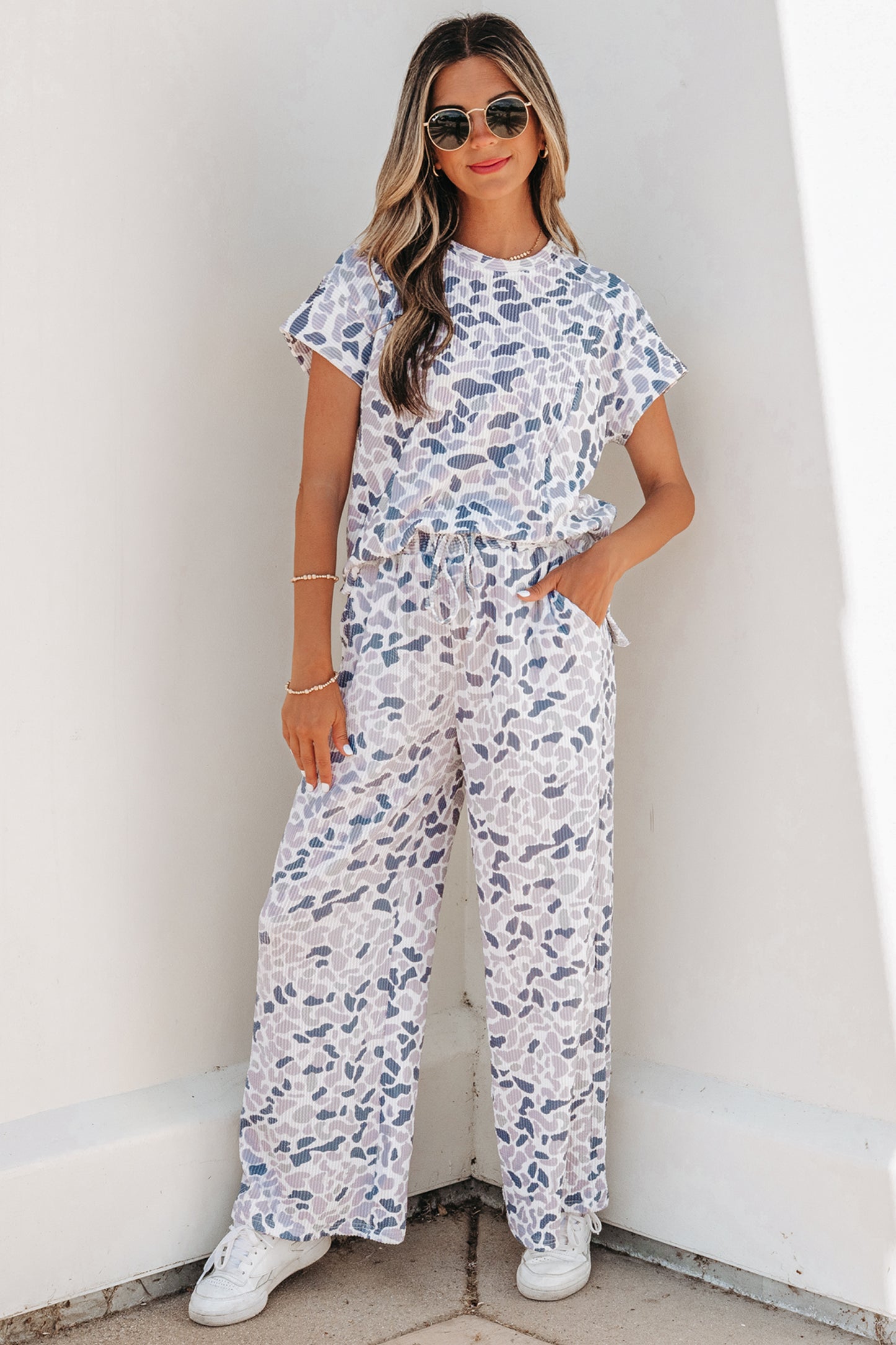Beige Camouflage Print Twisted Rib Loose Tee Drawstring Pants Set-Two Piece Sets/Pant Sets-[Adult]-[Female]-2022 Online Blue Zone Planet