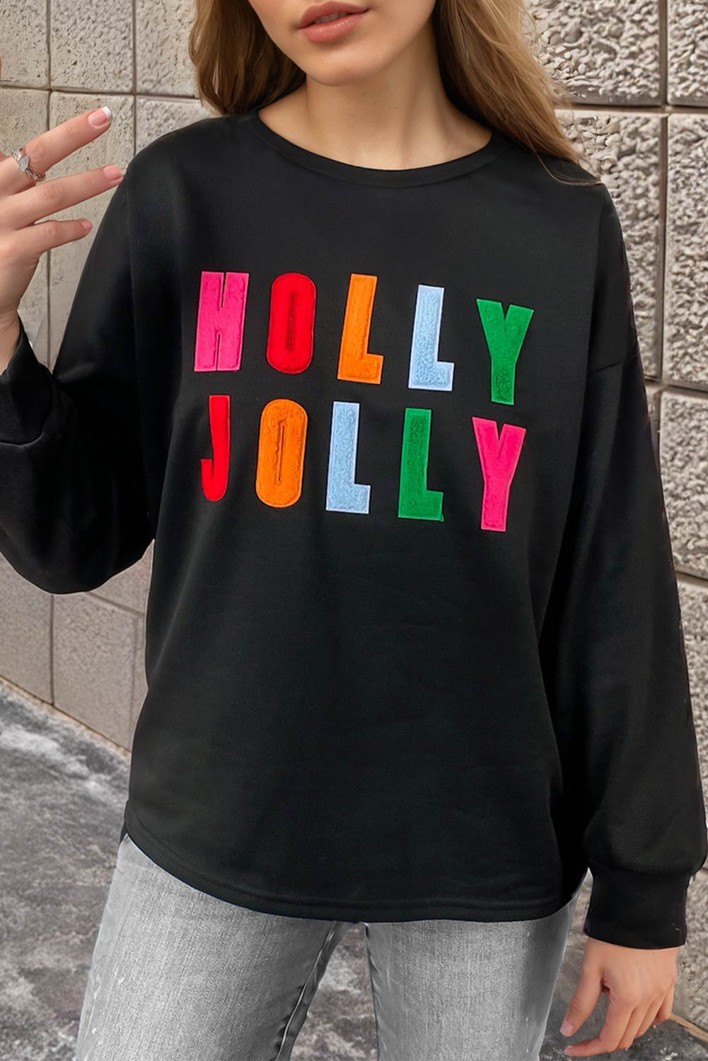 White Chenille Holly Jolly Graphic Long Sleeve Top-Tops/Long Sleeve Tops-[Adult]-[Female]-2022 Online Blue Zone Planet