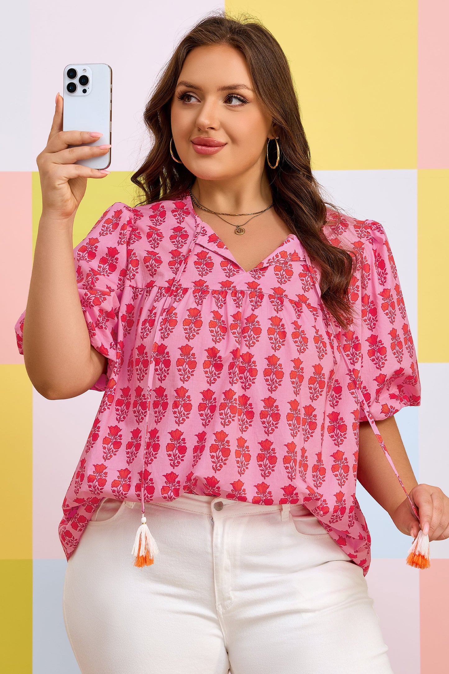 Pink Plus Size Floral Print Tassel Tie Puff Sleeve Cotton Blouse-Plus Size/Plus Size Tops/Plus Size Blouses & Shirts-[Adult]-[Female]-2022 Online Blue Zone Planet