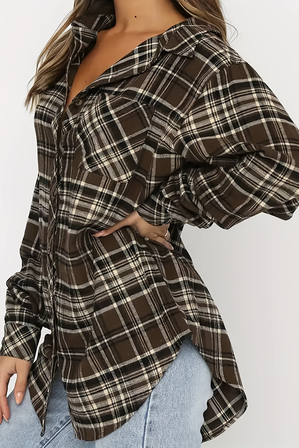 Plaid Collared Neck Long Sleeve Shirt-TOPS / DRESSES-[Adult]-[Female]-2022 Online Blue Zone Planet