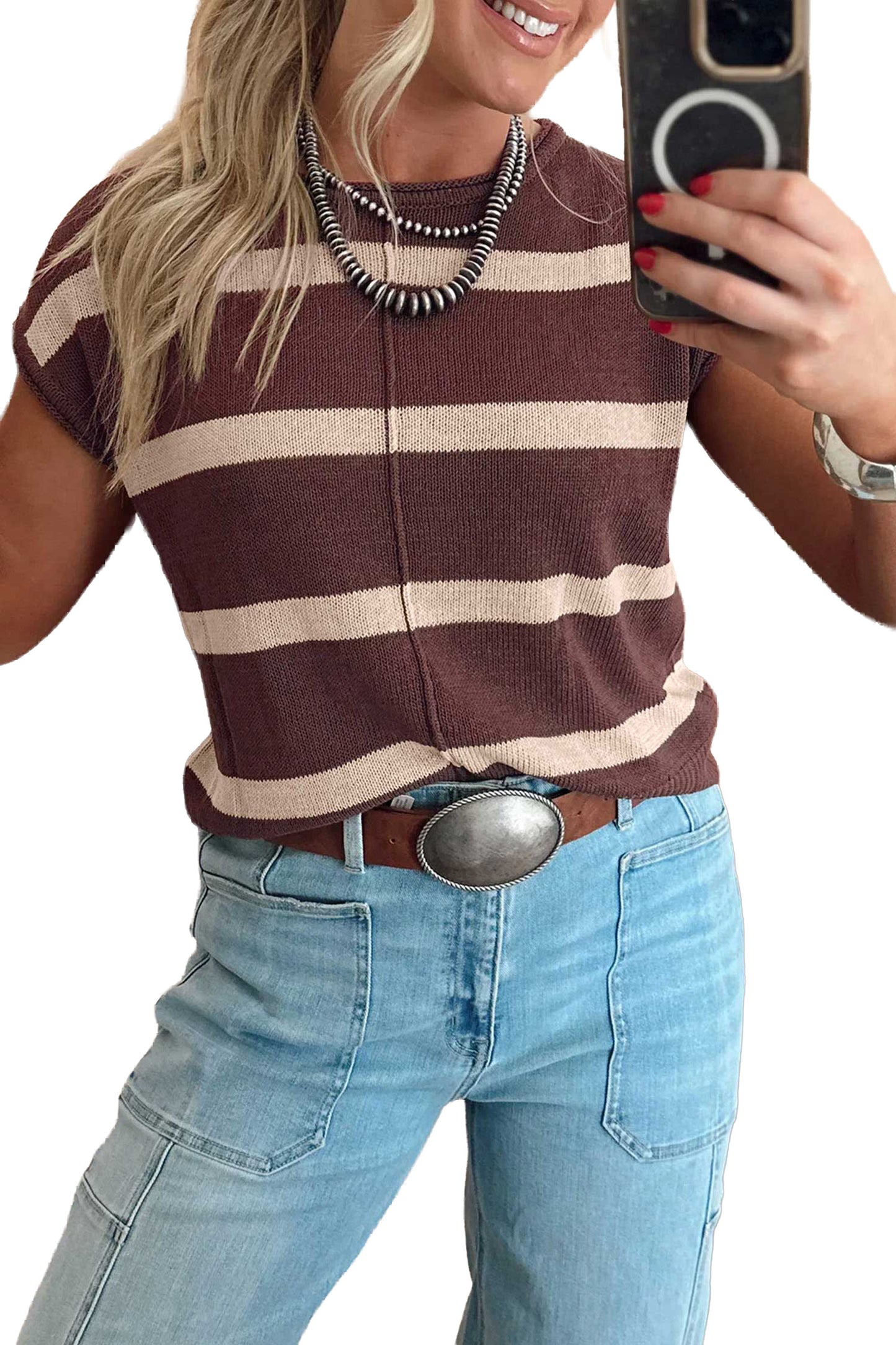 Brown Stripe Knit Western Short Sleeve Sweater-Sweaters & Cardigans/Short Sleeve Sweaters-[Adult]-[Female]-2022 Online Blue Zone Planet