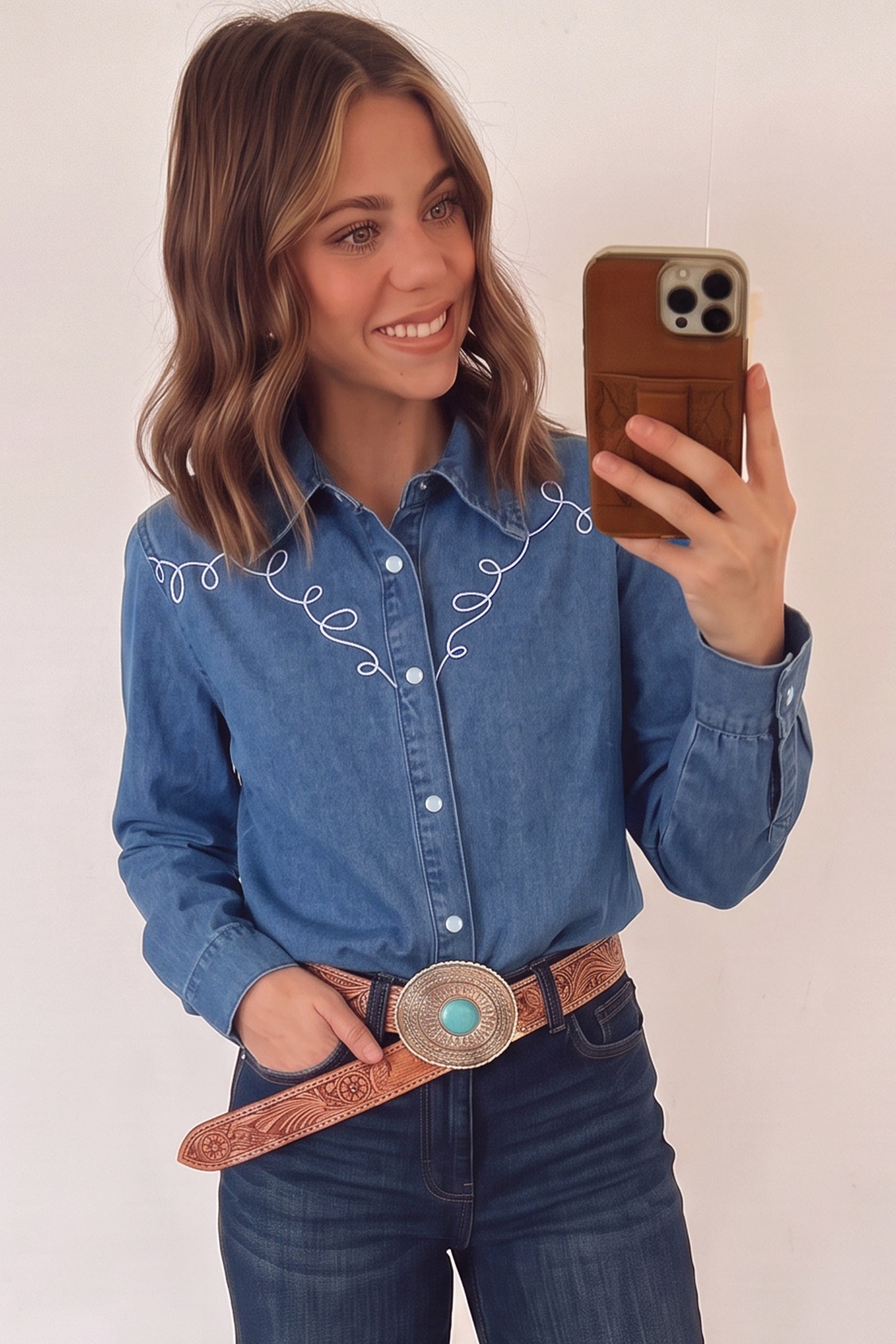 Dusk Blue Western Embroidered Collar Long Sleeve Denim Shirt