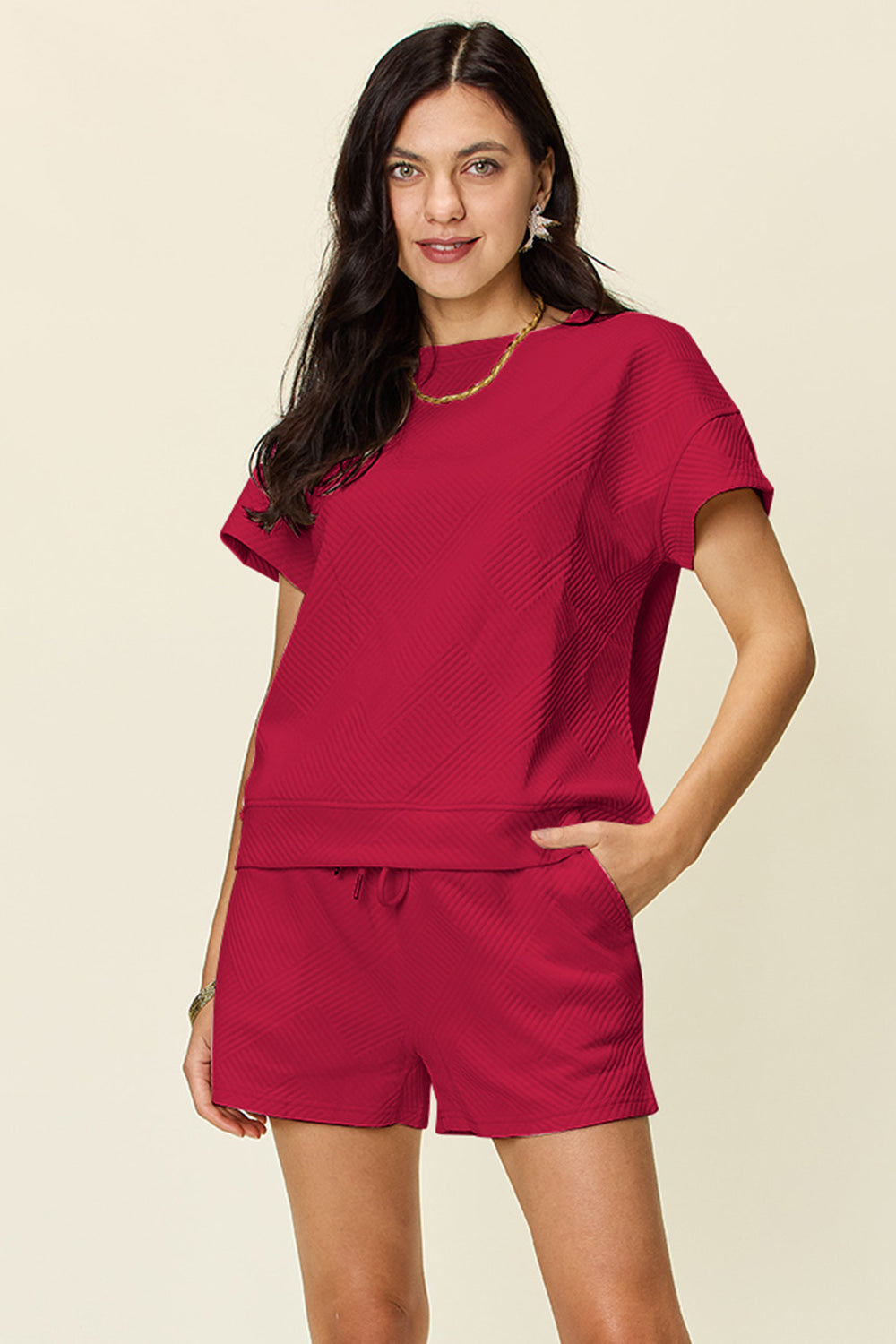 Blue Zone Planet | Double Take Full Size Texture Short Sleeve T-Shirt and Drawstring Shorts Set-TOPS / DRESSES-[Adult]-[Female]-Deep Red-S-2022 Online Blue Zone Planet