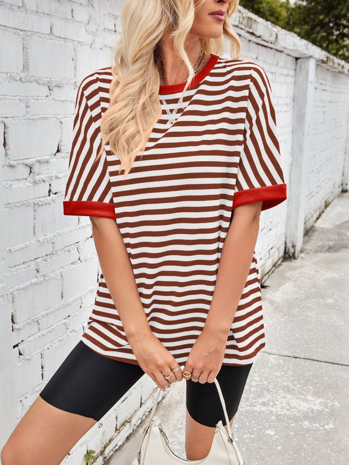 Lovelet Striped Round Neck Half Sleeve T-Shirt-TOPS / DRESSES-[Adult]-[Female]-2022 Online Blue Zone Planet