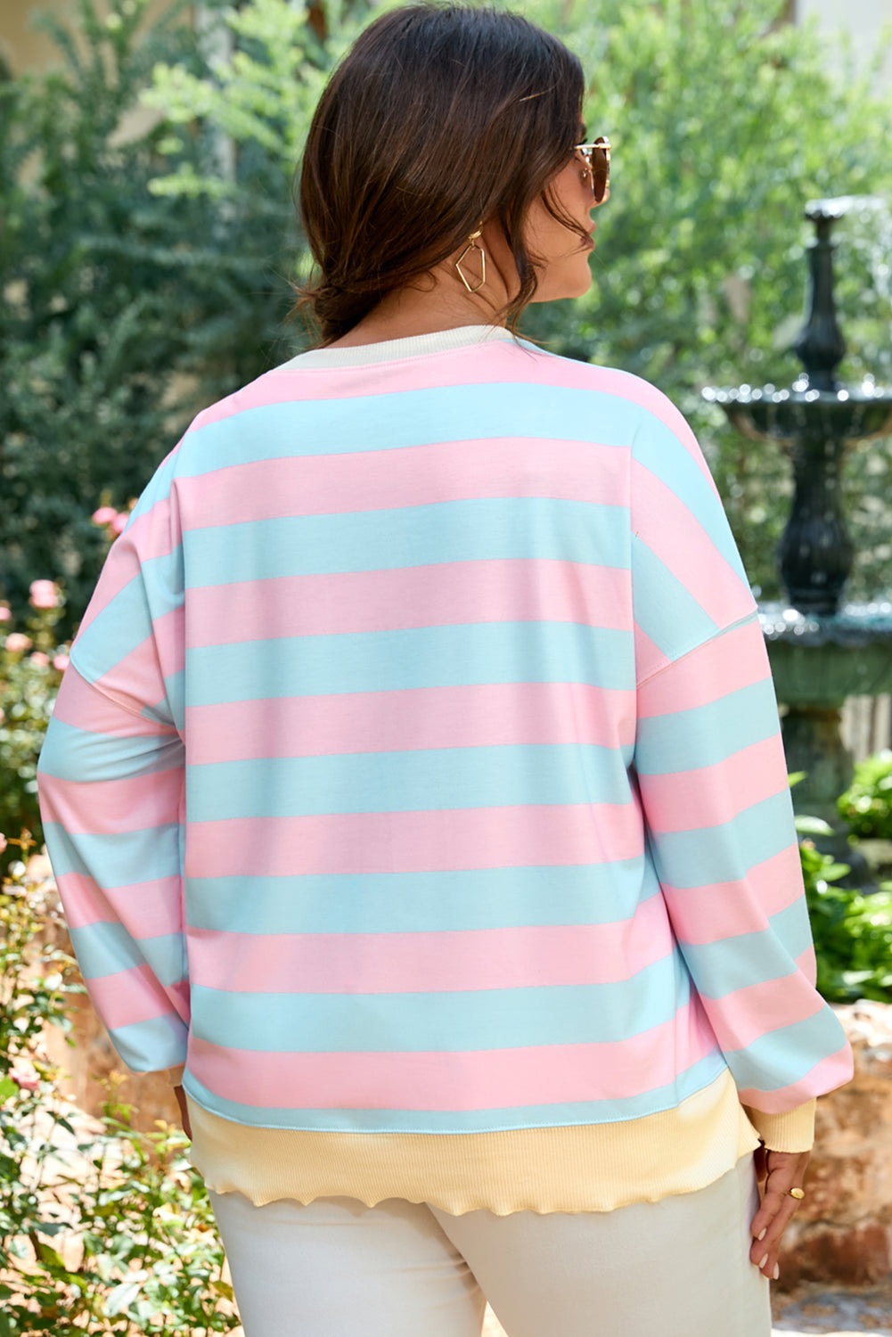 Sky Blue Stripe Drop Shoulder Crewneck Plus Size Sweatshirt-Plus Size/Plus Size Sweatshirts & Hoodies-[Adult]-[Female]-2022 Online Blue Zone Planet