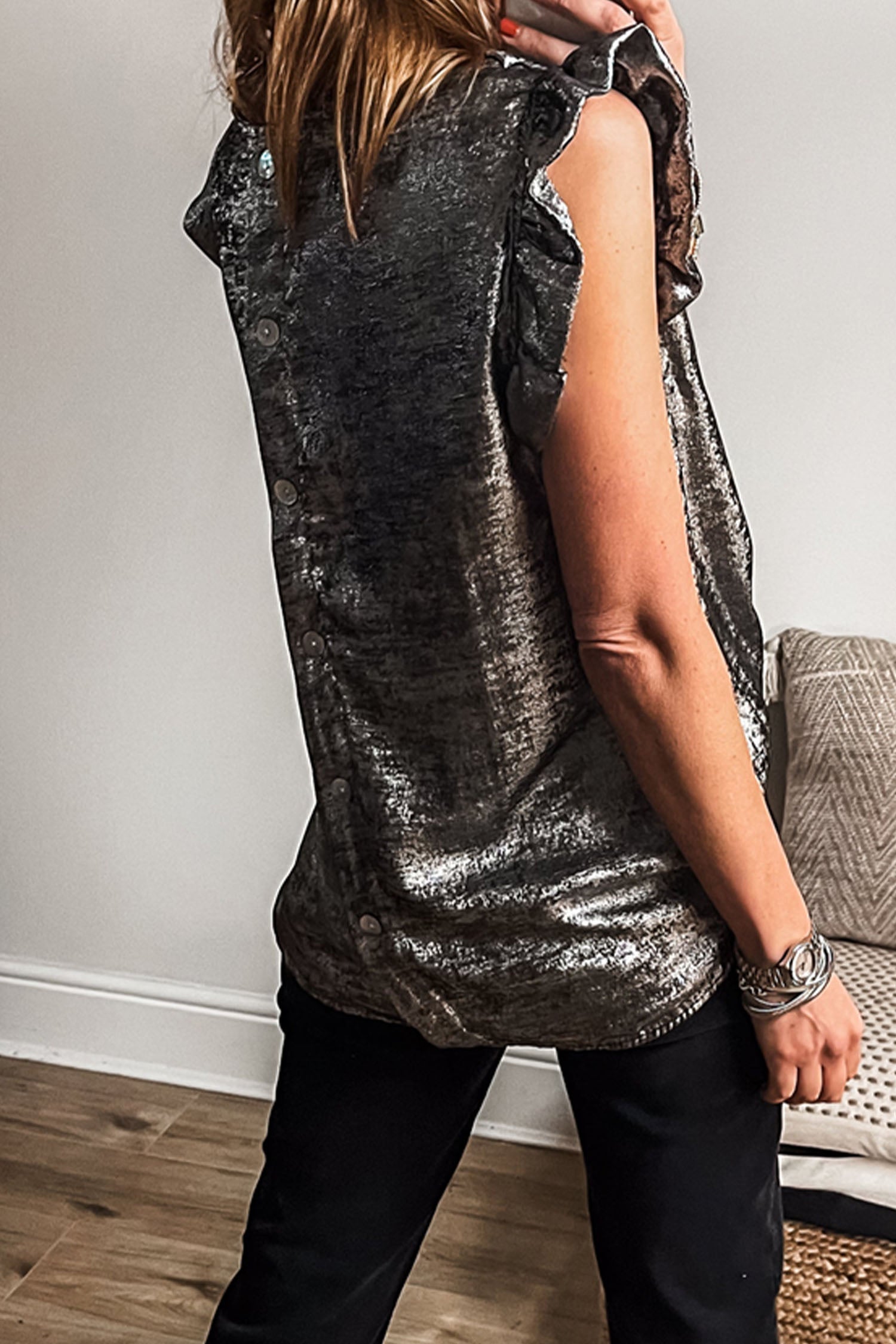 Silvery Metallic Round Neck Ruffle Trim Sleeveless Top-Tops/Tank Tops-[Adult]-[Female]-2022 Online Blue Zone Planet