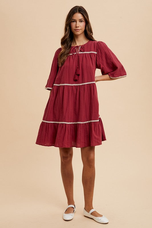 Annie Wear Tassel Contrast Trim Tie Neck Half Sleeve Tiered Dress-TOPS / DRESSES-[Adult]-[Female]-2022 Online Blue Zone Planet