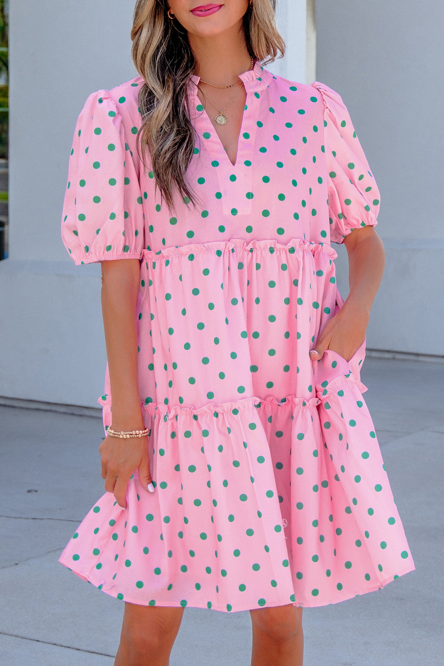 Pink Polka Dot Print V Neck Short Sleeve Tiered Mini Dress-TOPS / DRESSES-[Adult]-[Female]-2022 Online Blue Zone Planet
