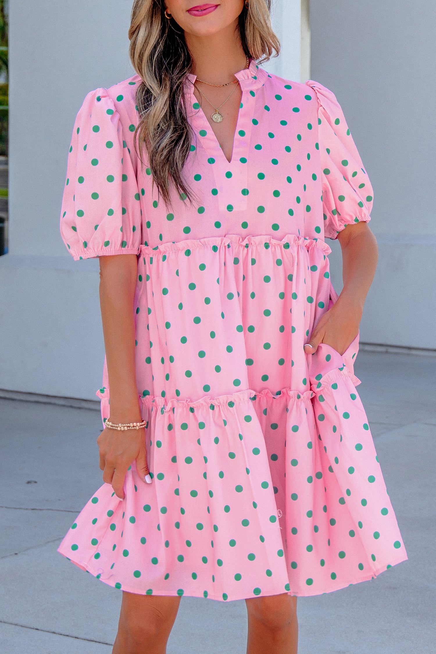 Pink Polka Dot Print V Neck Short Sleeve Tiered Mini Dress-TOPS / DRESSES-[Adult]-[Female]-2022 Online Blue Zone Planet