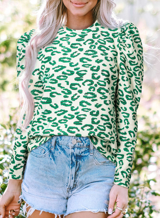 Blackish Green Leopard Print Mock Neck Puff Sleeve Top-Tops/Blouses & Shirts-[Adult]-[Female]-Blackish Green-S-2022 Online Blue Zone Planet