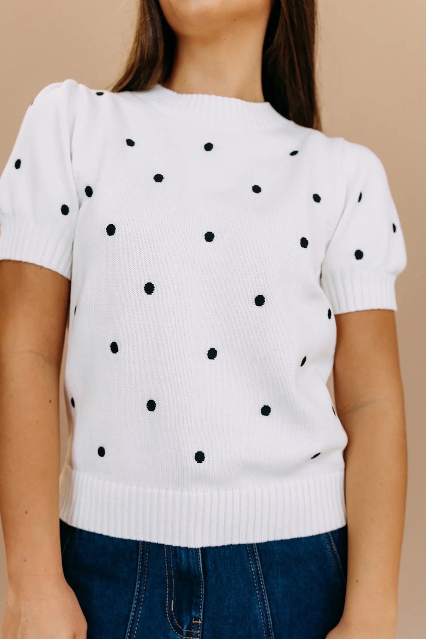 White Elegant Polka Dot Bubble Short Sleeve Sweater-TOPS / DRESSES-[Adult]-[Female]-2022 Online Blue Zone Planet