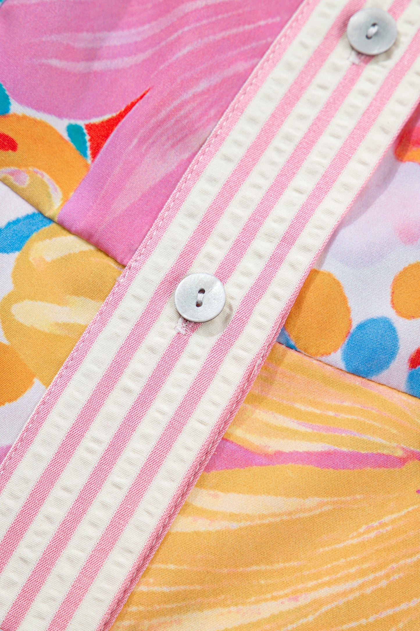 Pink Floral Print Striped Trim Button Down Short Sleeve Vacation Dress-TOPS / DRESSES-[Adult]-[Female]-2022 Online Blue Zone Planet