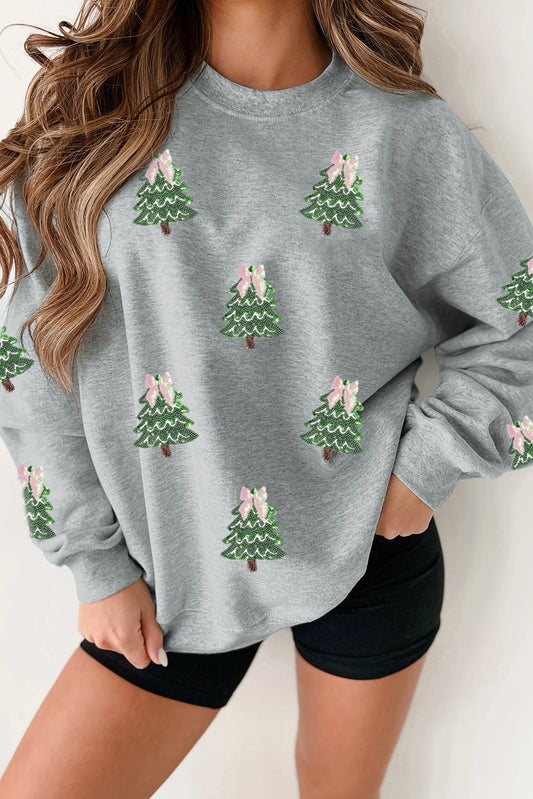 Light Grey Sequin Christmas Tree Graphic Drop Shoulder Pullover Sweatshirt-Graphic/Graphic Sweatshirts-[Adult]-[Female]-Light Grey-S-2022 Online Blue Zone Planet