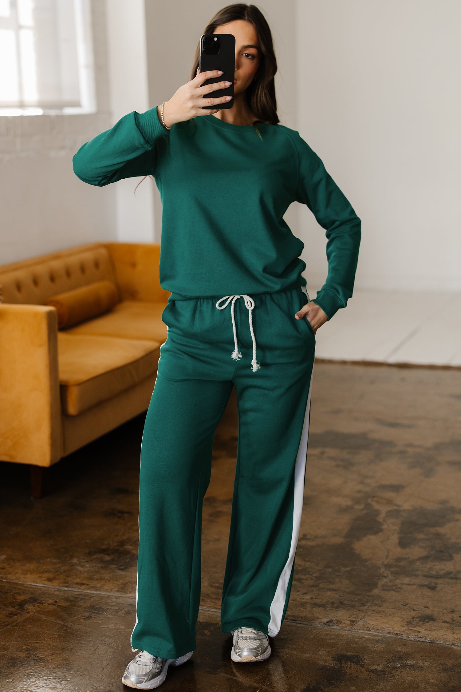Sea Green Solid Color Pullover Top Varsity Stripe Detail Loose Drawstring Pants Set-Two Piece Sets/Pant Sets-[Adult]-[Female]-2022 Online Blue Zone Planet