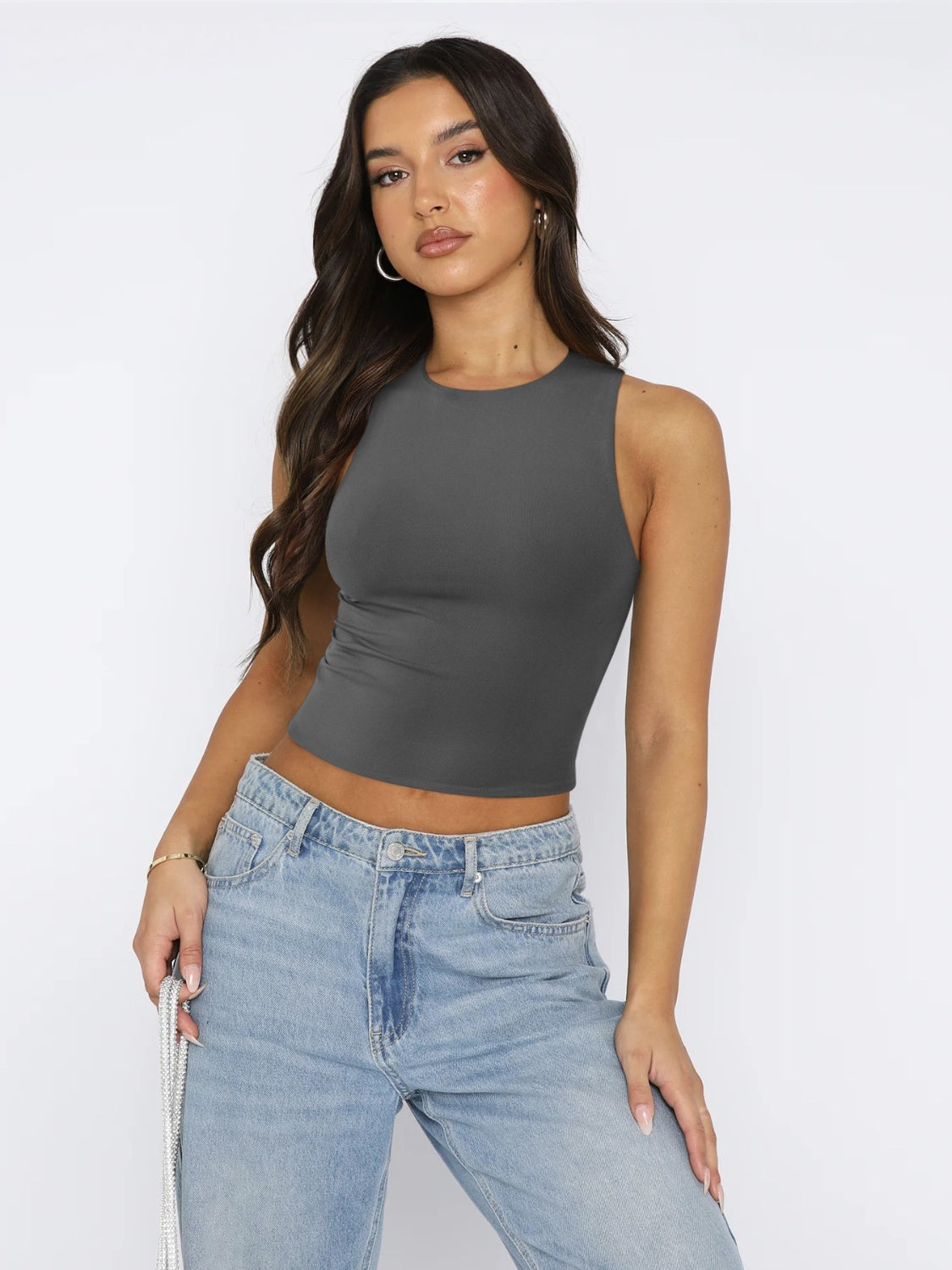 Blue Zone Planet | Round Neck Cropped Tank-TOPS / DRESSES-[Adult]-[Female]-Dark Gray-XS-2022 Online Blue Zone Planet