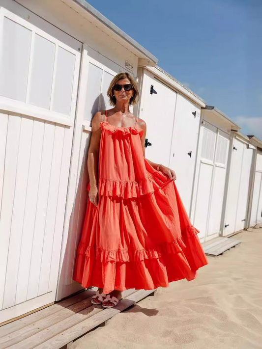 Blue Zone Planet | holiday style ruffled long dress with long swing and elegant beach dress-TOPS / DRESSES-[Adult]-[Female]-Red-S-2022 Online Blue Zone Planet