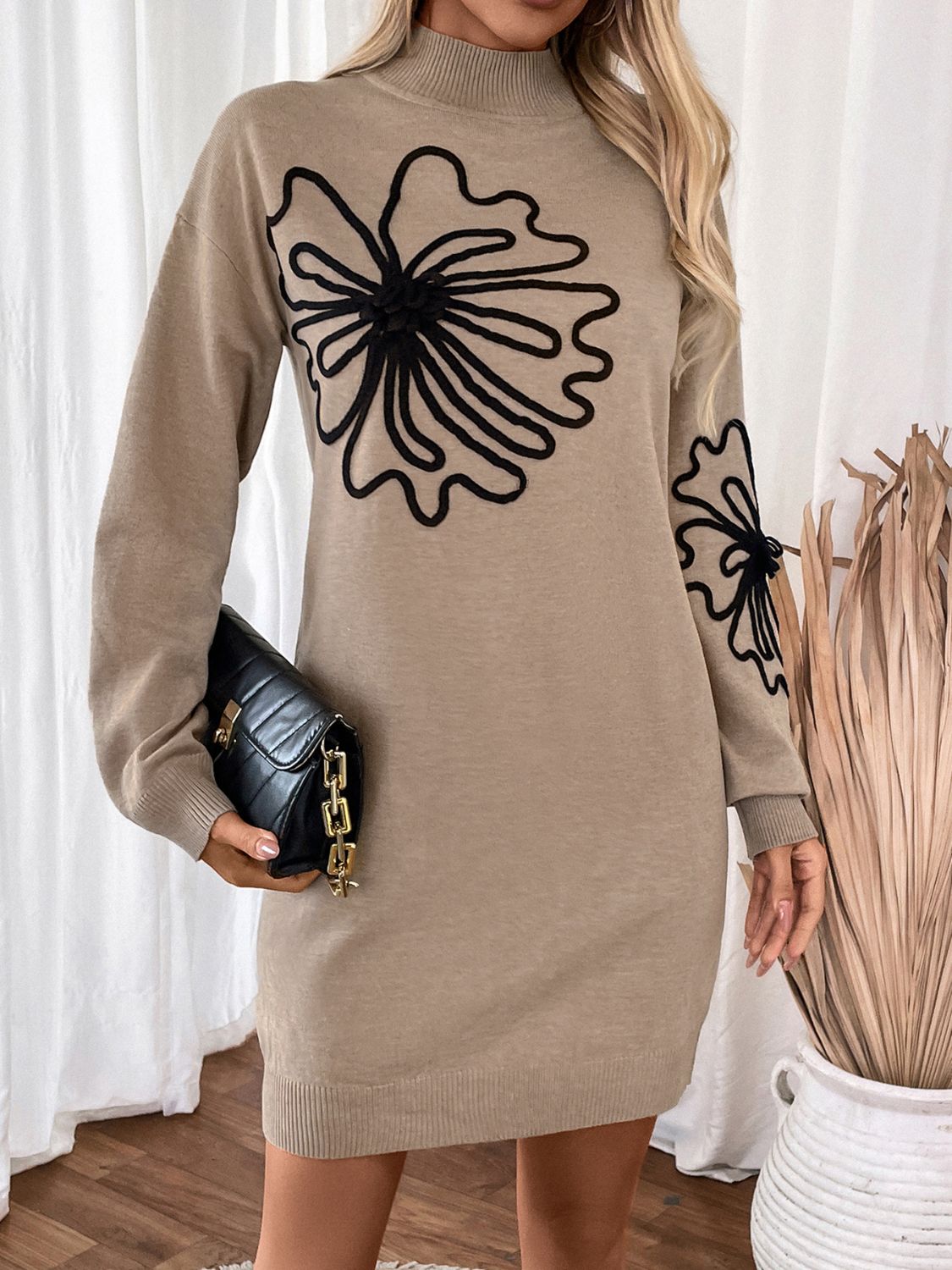 Perfee Flower Mock Neck Long Sleeve Sweater Dress-TOPS / DRESSES-[Adult]-[Female]-2022 Online Blue Zone Planet