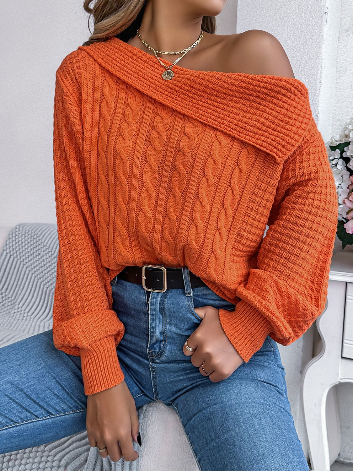 Cable-Knit One Shoulder Long Sleeve Sweater-TOPS / DRESSES-[Adult]-[Female]-2022 Online Blue Zone Planet