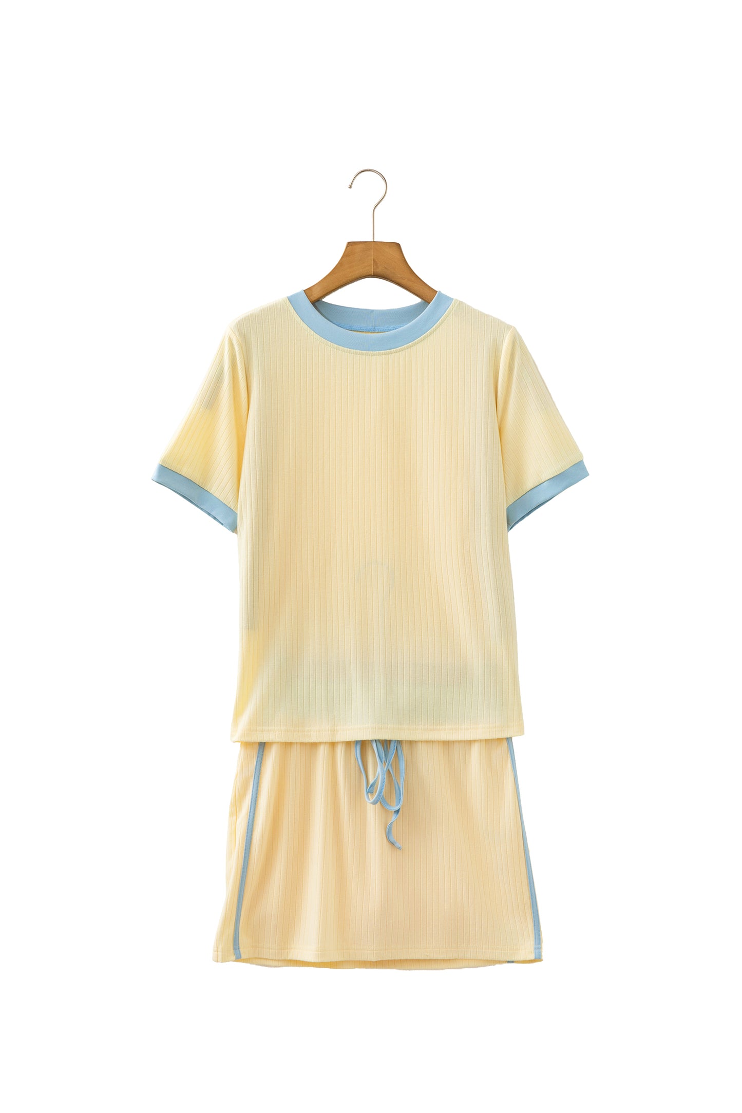 Yellow Ribbed Knit Color Block Trim Tee and Drawstring Skirt Set-Two Piece Sets/Two Piece Dresses-[Adult]-[Female]-2022 Online Blue Zone Planet