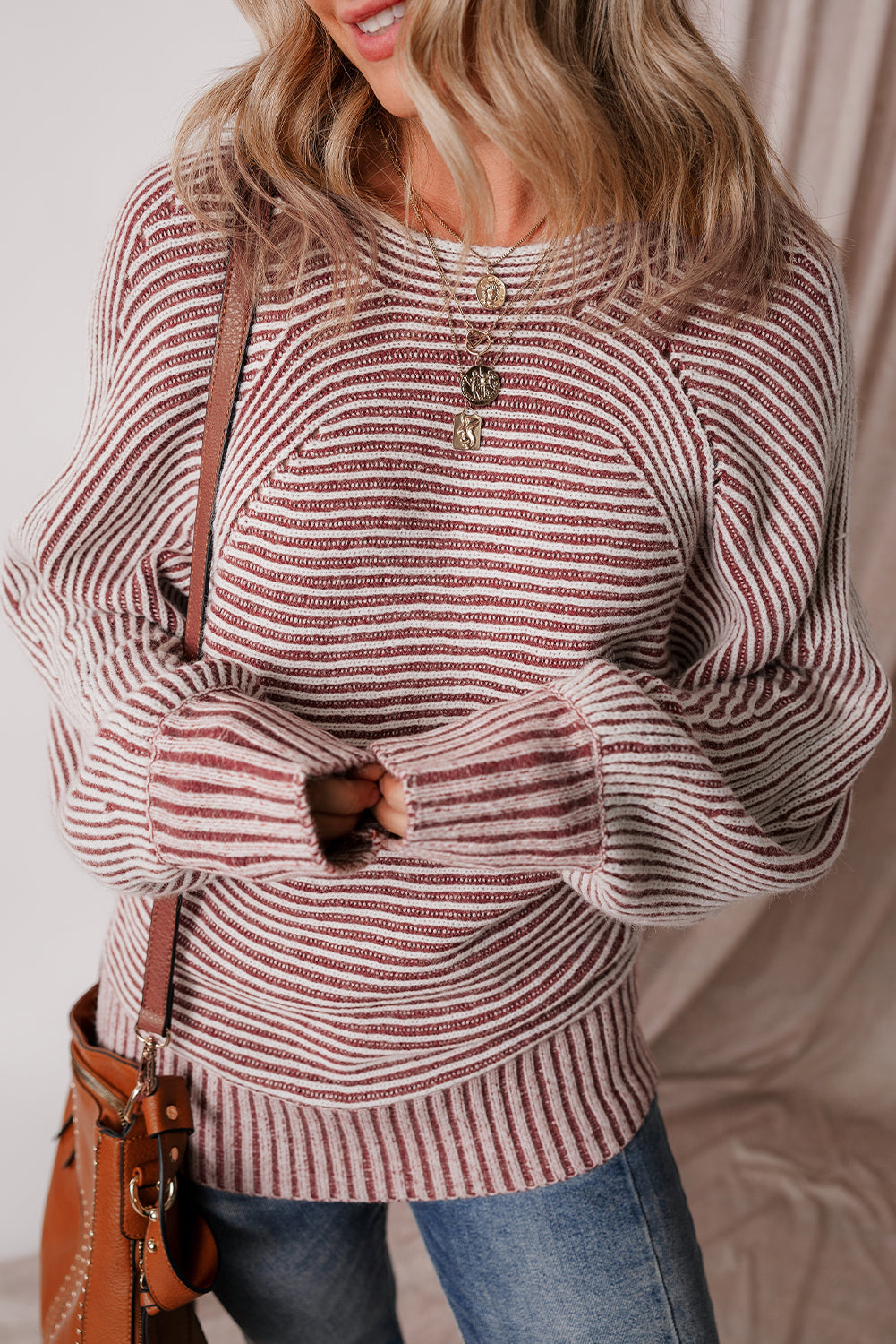 Red Dahlia Striped Print Ribbed Knit Boat Neck Baggy Sweater-TOPS / DRESSES-[Adult]-[Female]-2022 Online Blue Zone Planet
