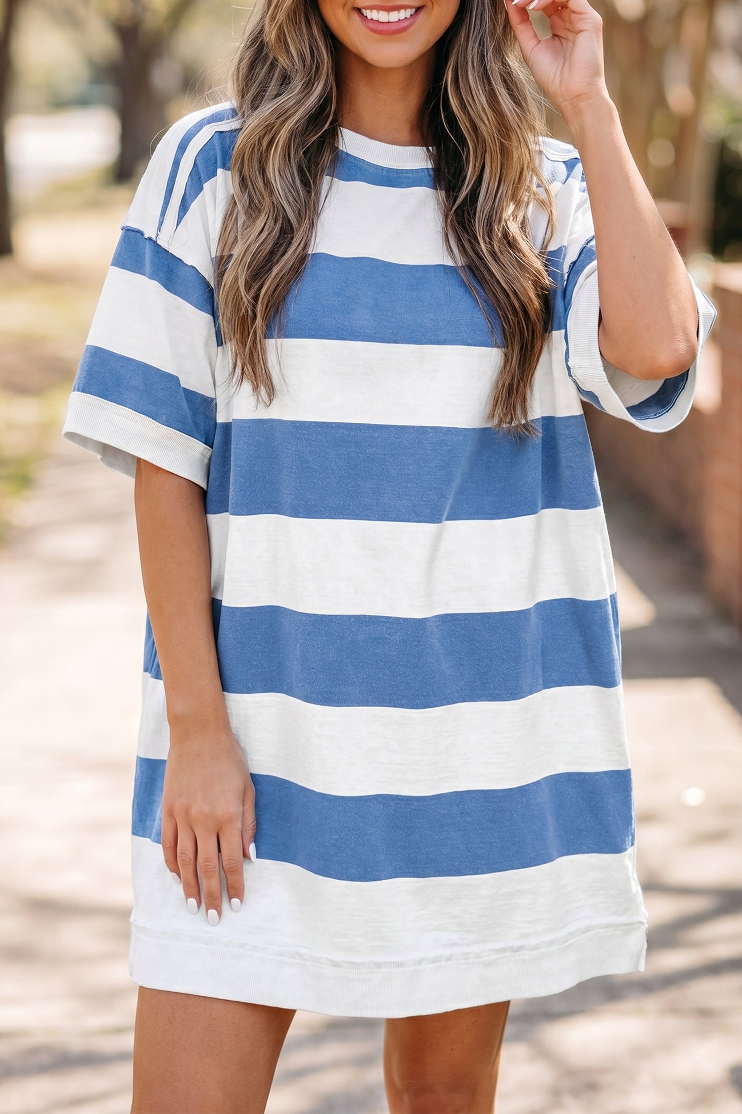 Blue Stripe Raw Seam Shoulder Detail Casual Tee Dress-TOPS / DRESSES-[Adult]-[Female]-2022 Online Blue Zone Planet