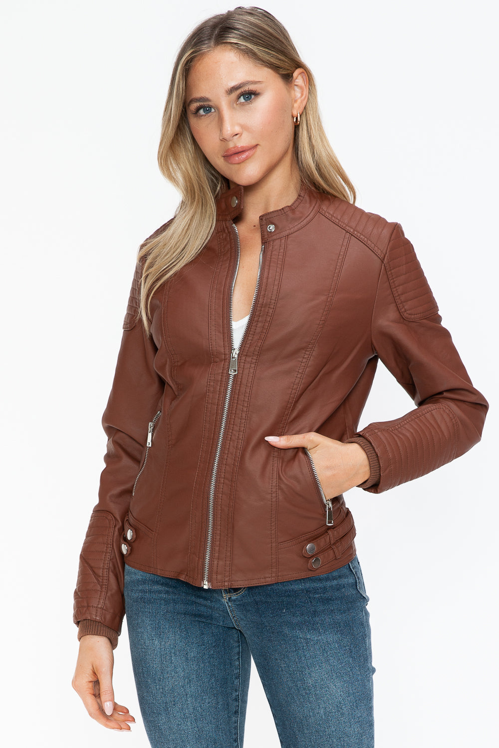 Blue Zone Planet | Snobbish Faux Leather Biker Jacket with Side Zip Pockets-TOPS / DRESSES-[Adult]-[Female]-2022 Online Blue Zone Planet