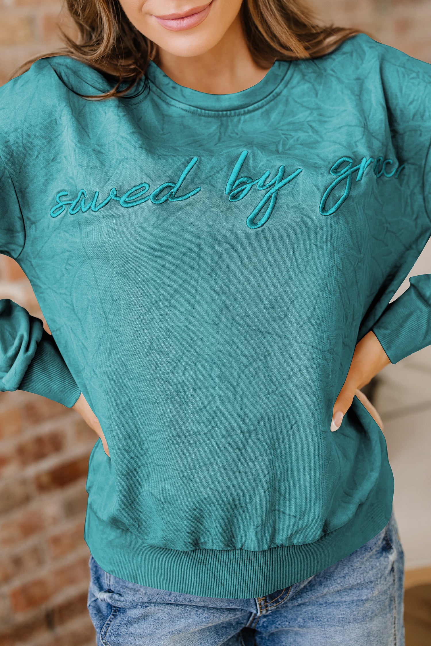 High-Rise Saved By Grace Letter Embroidery Mineral Wash Loose Sweatshirt-Tops/Sweatshirts & Hoodies-[Adult]-[Female]-2022 Online Blue Zone Planet