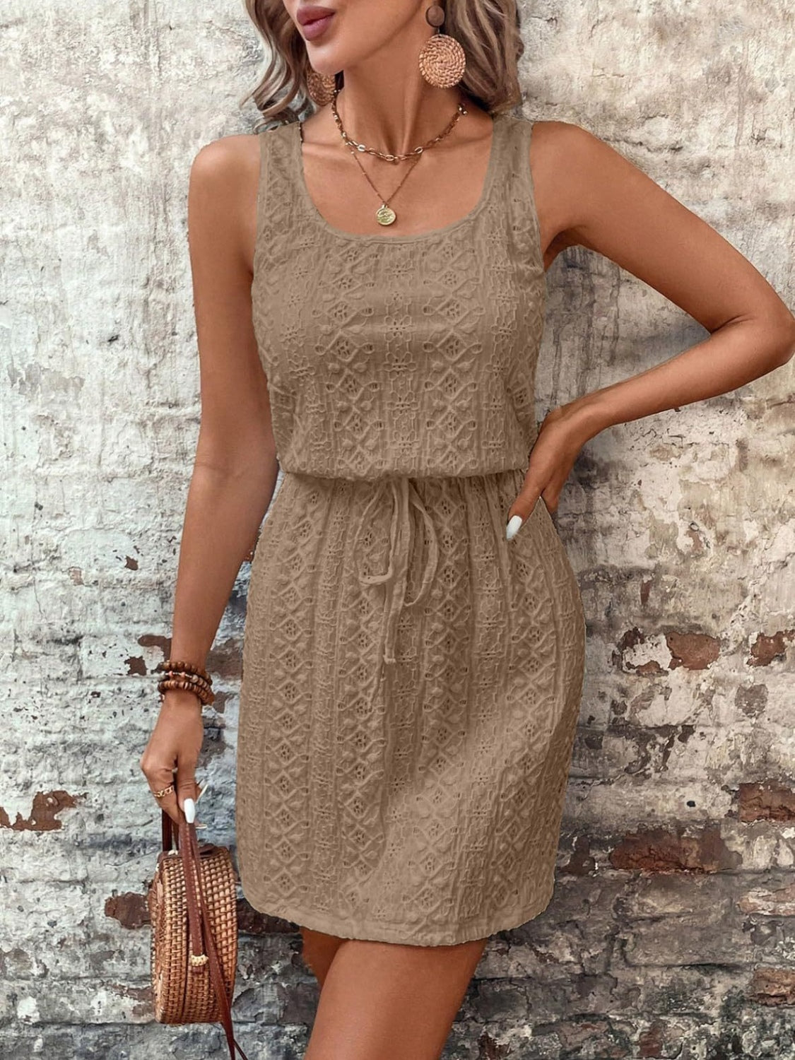 Eyelet Drawstring Round Neck Sleeveless Dress-TOPS / DRESSES-[Adult]-[Female]-Taupe-S-2022 Online Blue Zone Planet