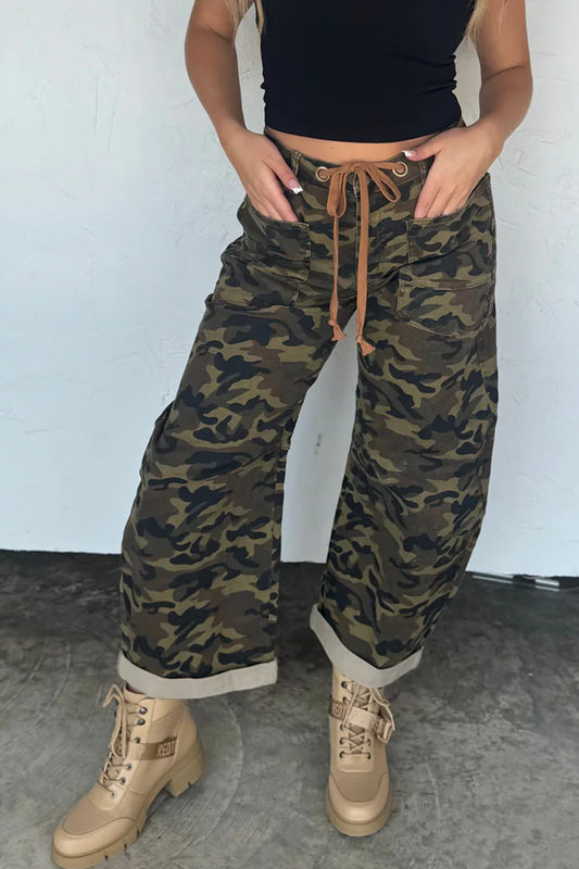 Multicolour Camouflage Print Retro Grommet Tie Waist Loose Jeans-Bottoms/Jeans-[Adult]-[Female]-Multicolour-4-2022 Online Blue Zone Planet
