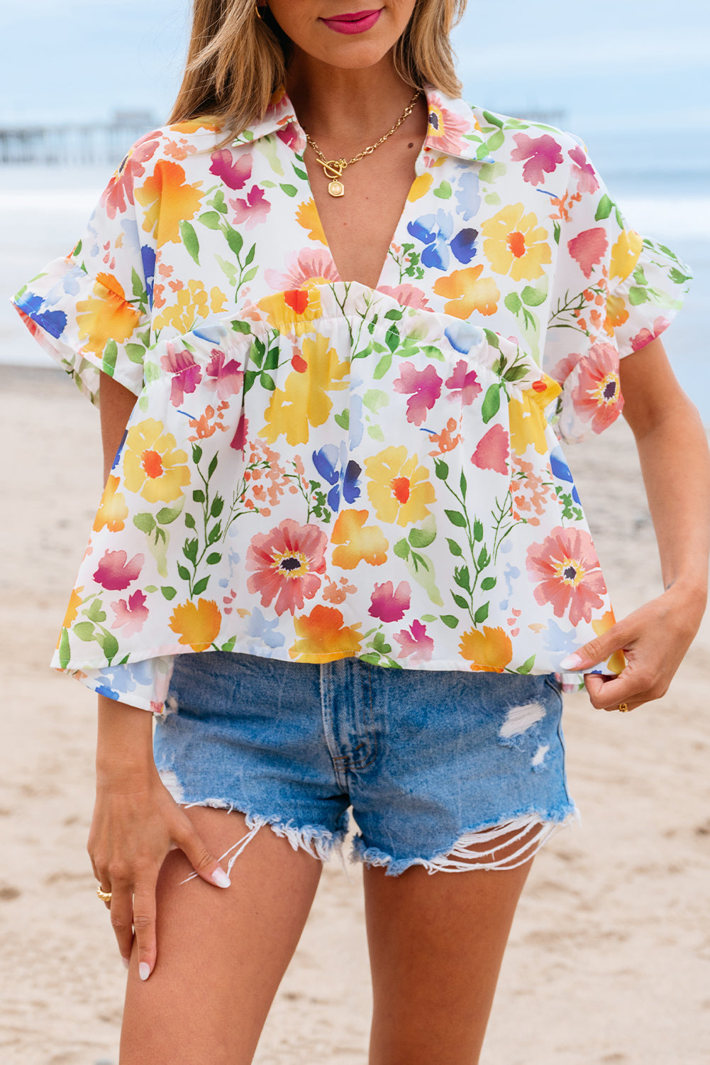Yellow Floral Boxy Fit Ruffled Short Sleeve V Neck Blouse-Tops/Blouses & Shirts-[Adult]-[Female]-2022 Online Blue Zone Planet