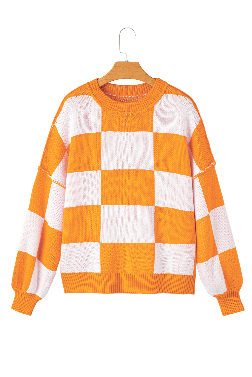 Blue Zone Planet | Pink Checked Bishop Sleeve Pullover Sweater-Sweaters-[Adult]-[Female]-2022 Online Blue Zone Planet