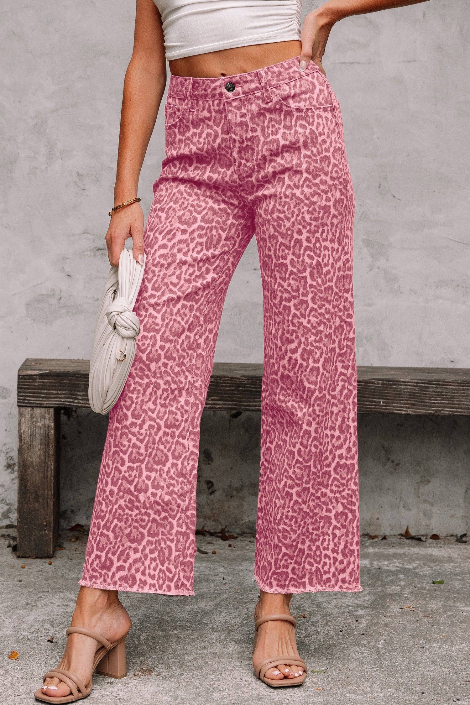 Rose Leopard Frayed Edge Wide Leg High Waist Jeans-Bottoms/Jeans-[Adult]-[Female]-Rose-4-2022 Online Blue Zone Planet