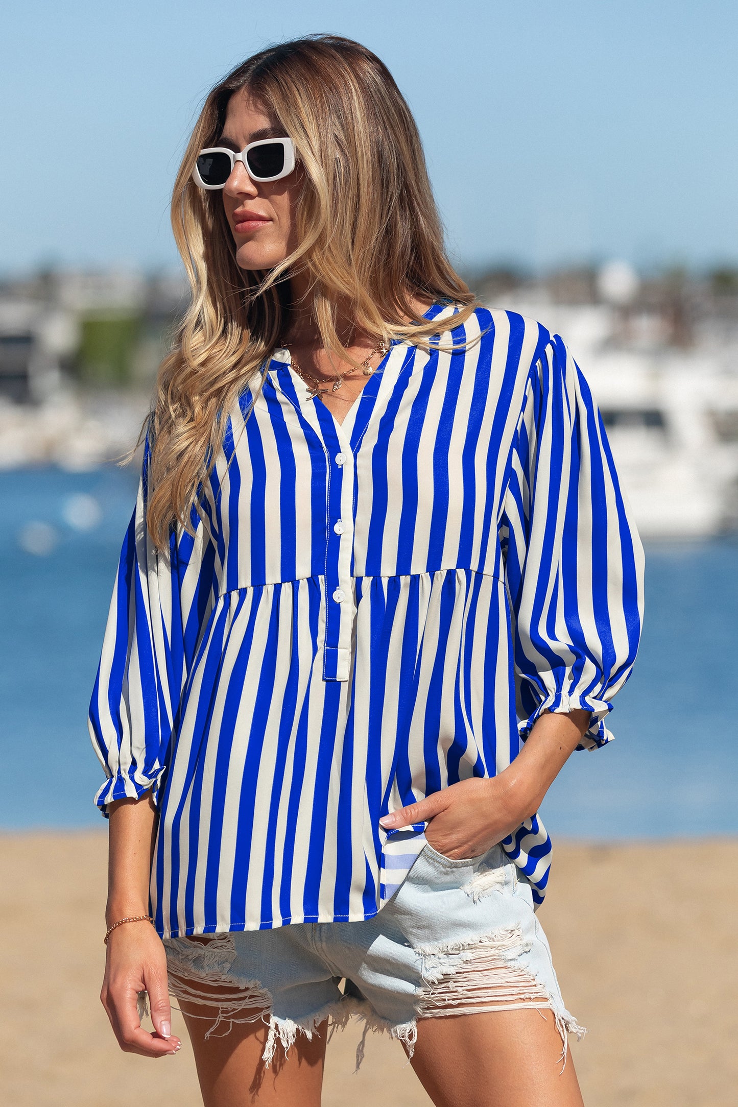Sky Blue Stripe Balloon Sleeve Loose Button up Shirt-Tops/Blouses & Shirts-[Adult]-[Female]-2022 Online Blue Zone Planet