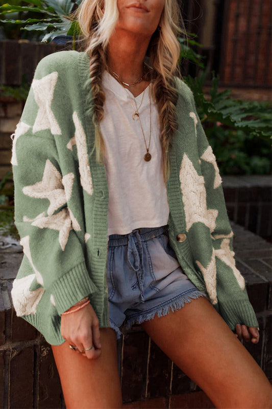 Green Sherpa Star Pattern Textured Sweater Cardigan with Pockets-Sweaters & Cardigans/Cardigans-[Adult]-[Female]-Green-S-2022 Online Blue Zone Planet