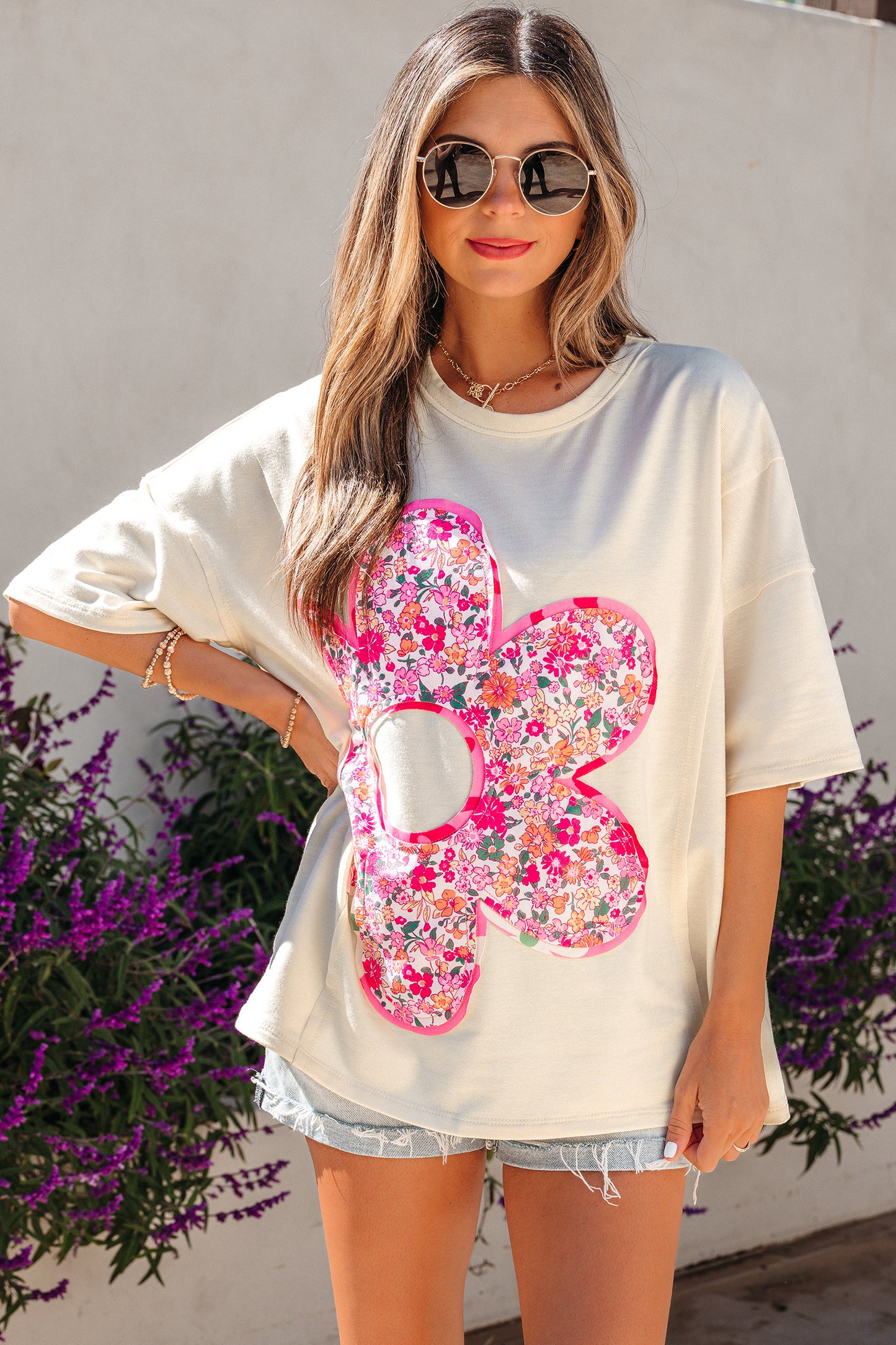 Jet Stream Floral Patched Raw Seam Big Flower Oversize Tee-Tops/Tops & Tees-[Adult]-[Female]-2022 Online Blue Zone Planet