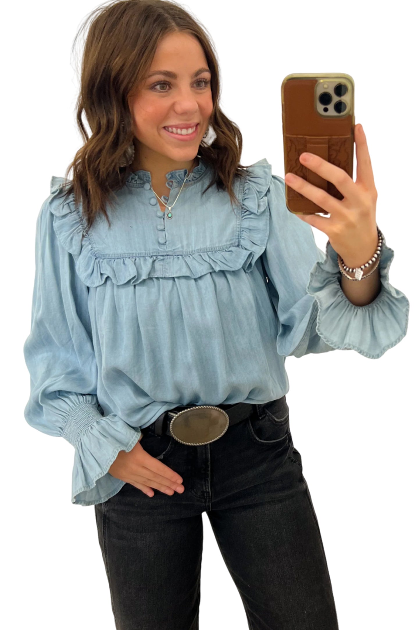 Beau Blue Western Ruffle V Neck Long Sleeve Chambray Blouse