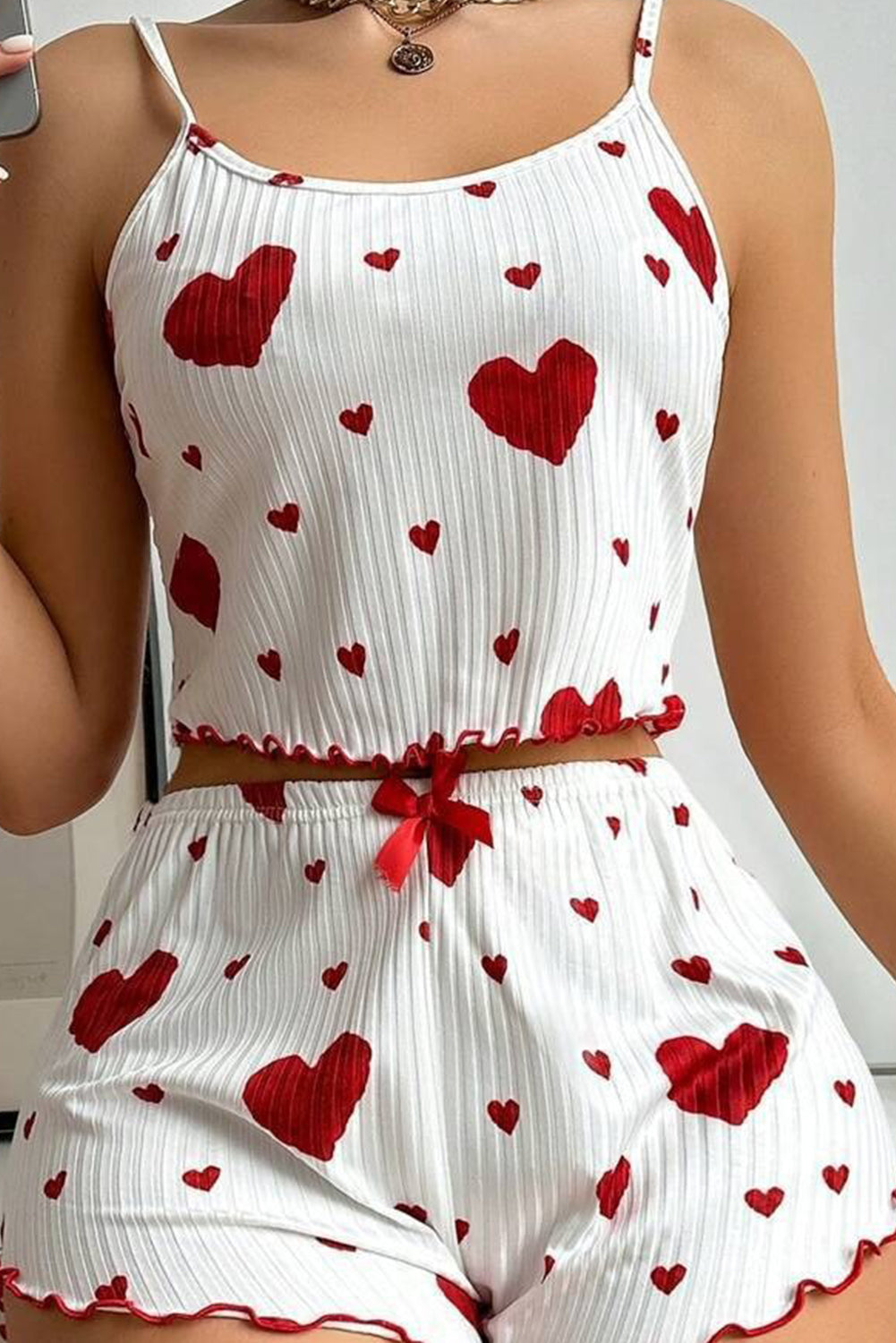 White Valentines Heart Print Spaghetti Cami and Shorts Pajama Set-Loungewear Set-[Adult]-[Female]-2022 Online Blue Zone Planet