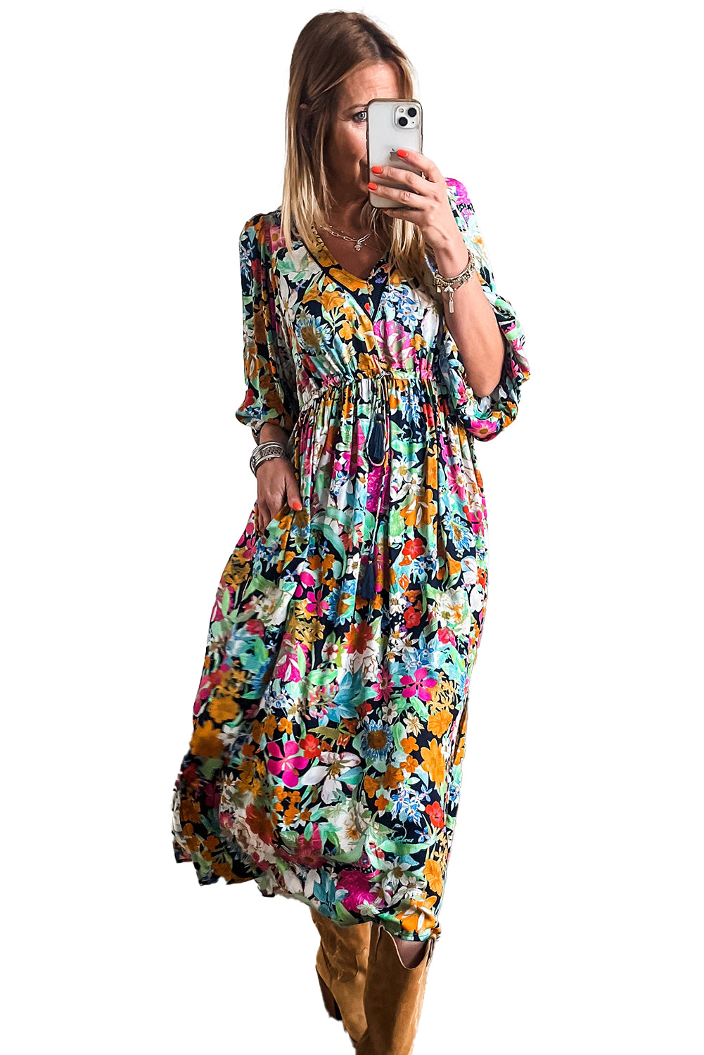 Green Boho Floral Puff Sleeve V Neck Tassel Drawstring Midi Dress-Midi Dresses-[Adult]-[Female]-2022 Online Blue Zone Planet