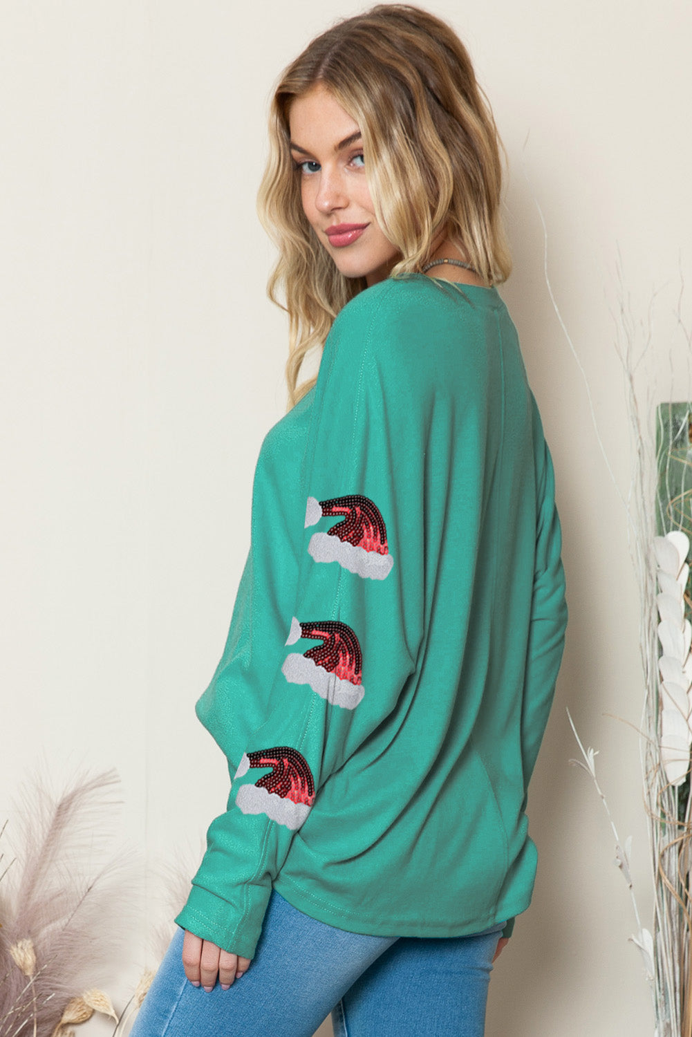 Green Sequined Santa Hat Long Sleeve Round Neck Top-Graphic Tees-[Adult]-[Female]-2022 Online Blue Zone Planet