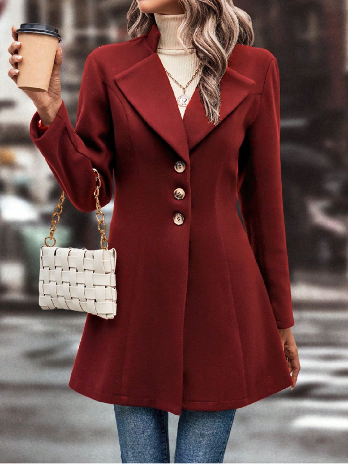 Collared Neck Button Up Long Sleeve Coat-TOPS / DRESSES-[Adult]-[Female]-Deep Red-S-2022 Online Blue Zone Planet